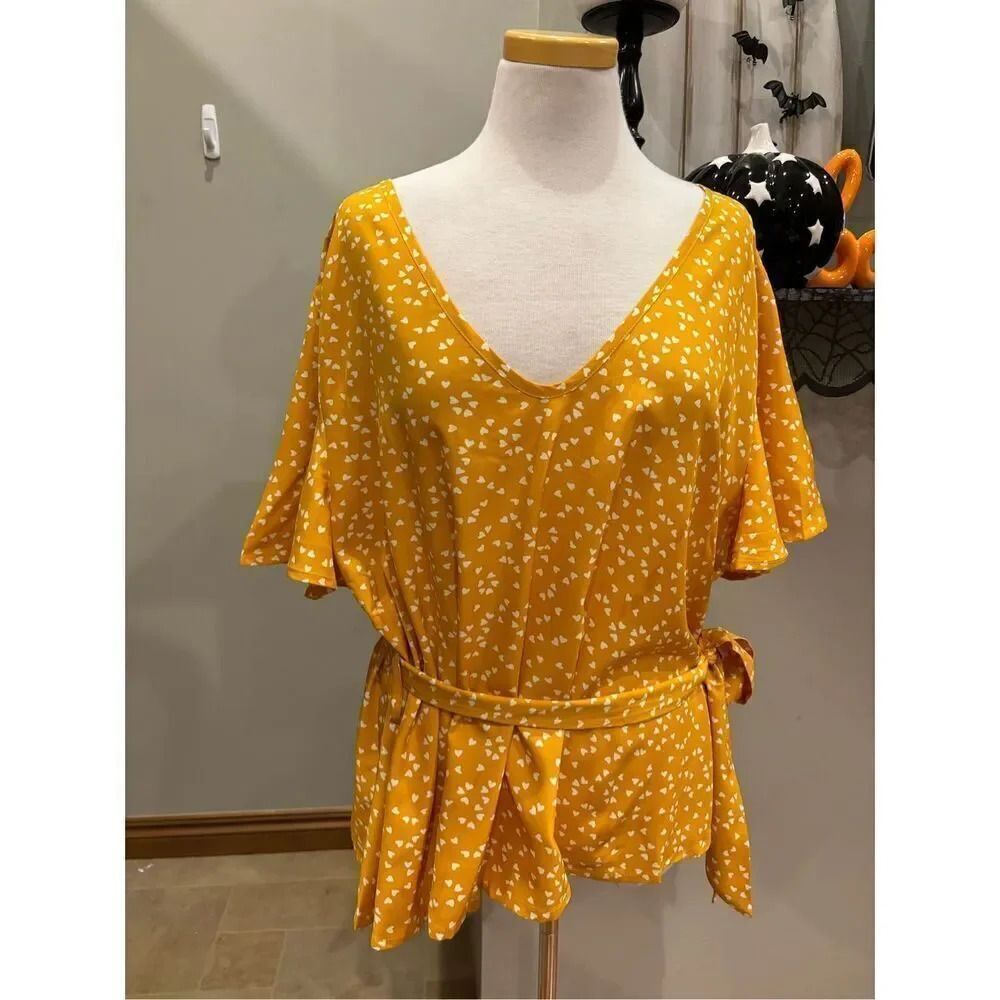 Amazon NWT 5Xl mustard heart print fabric waist belt flutter sleeve blouse polye